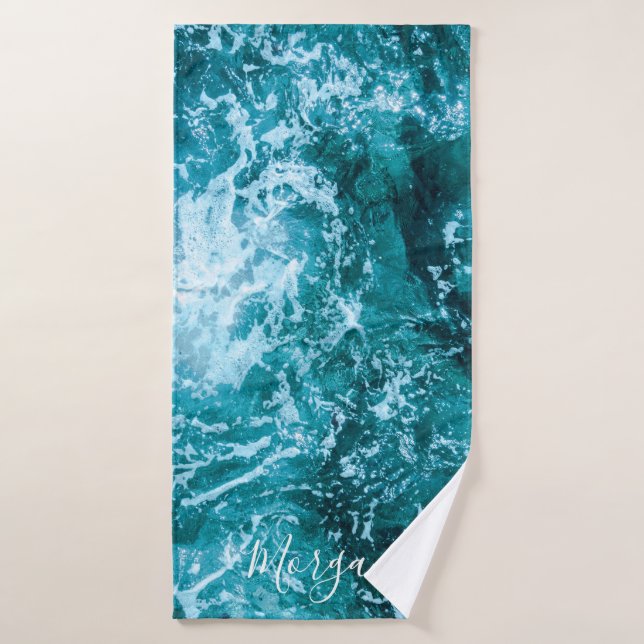 Modern Turquoise Ocean Waves Custom Bath Towel (Bath Towel)