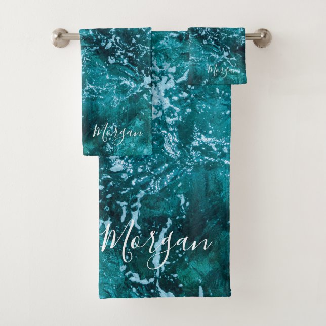 Modern Turquoise Ocean Waves Custom Bath Towel Set (Insitu)