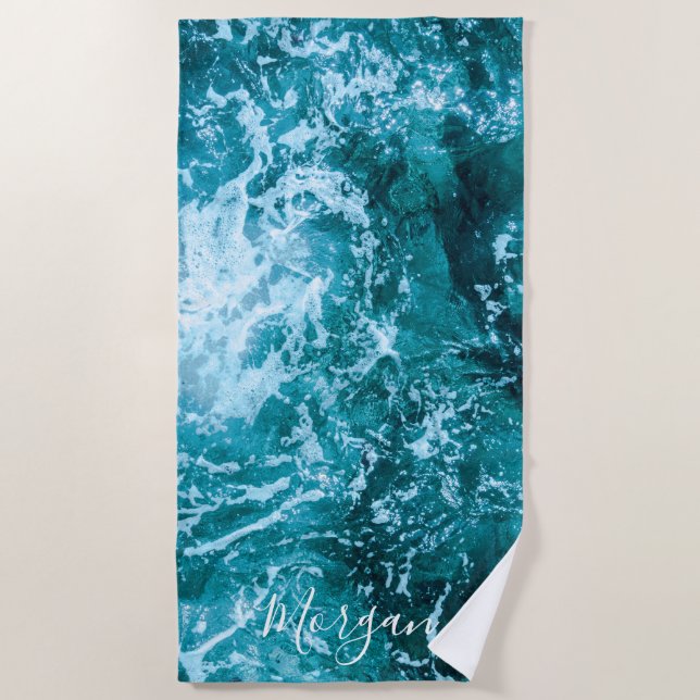 Modern Turquoise Ocean Waves Custom Beach Towel (Front)