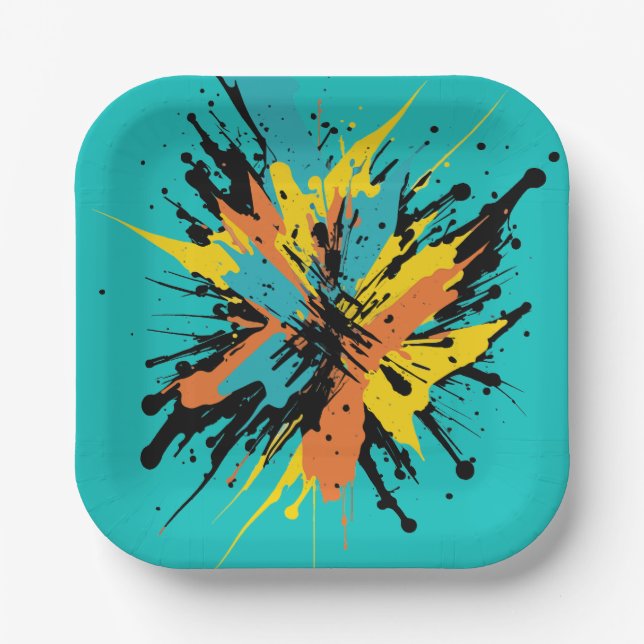 Modern Turquoise Paintball Sports Colour Splatters Paper Plate (Front)