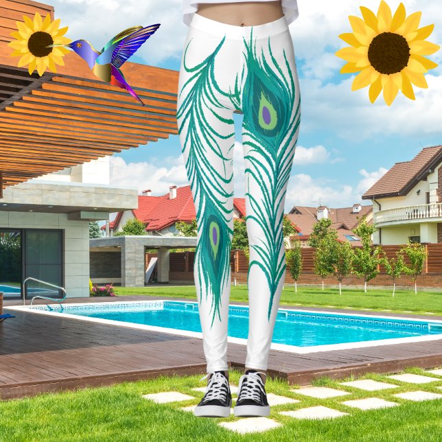 Modern Turquoise Peacock Feathers White Leggings  (Creator Uploaded)