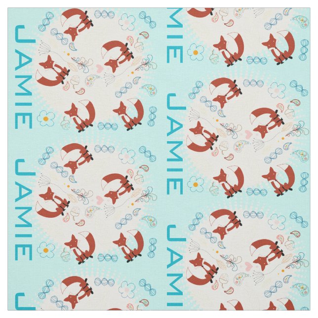 Modern Turquoise Personalised Fox Pattern Fabric (Swatch)