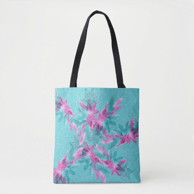 Modern Turquoise Pink Abstract Hawaiian Flowers Tote Bag (Front)