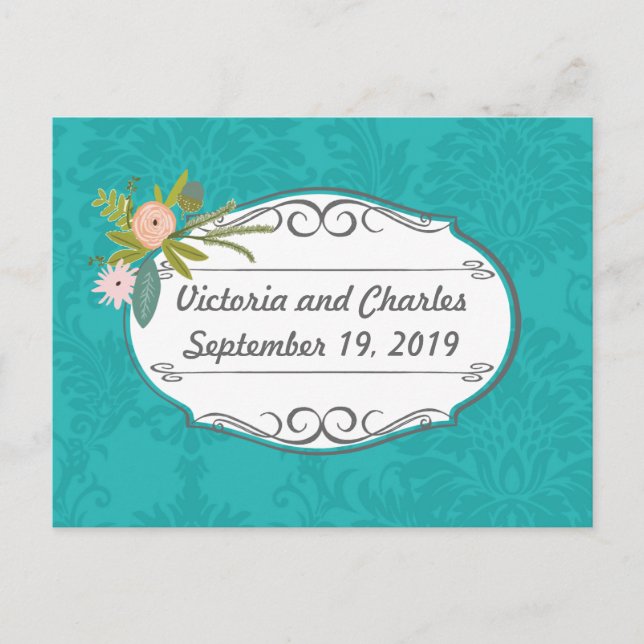 Modern Turquoise Pink and Coral Damask Wedding Postcard (Front)