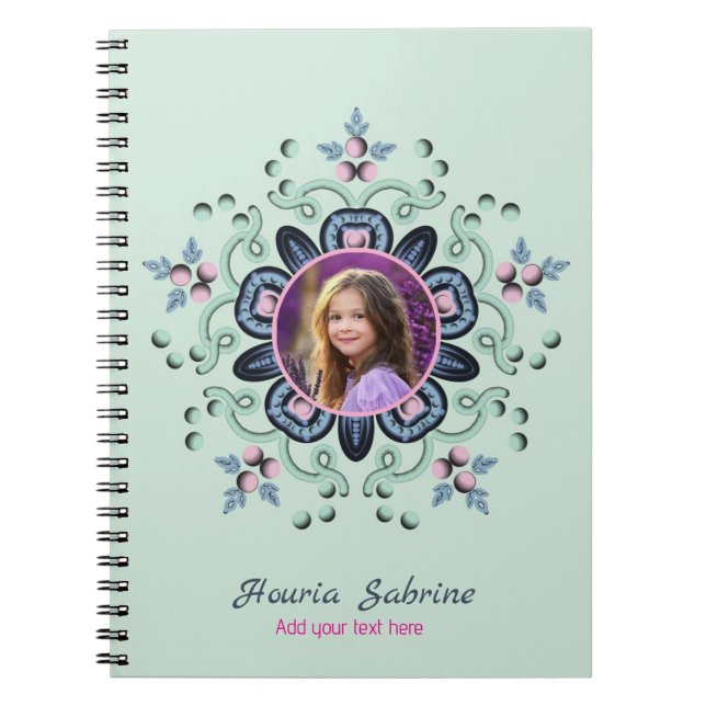 Modern turquoise Pink Floral Mandala Doodles Photo Notebook (Front)