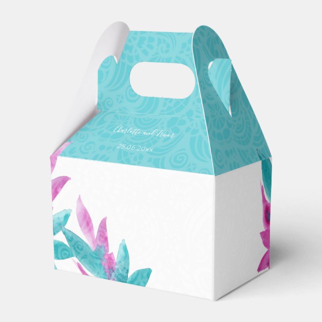 Modern Turquoise Pink Tropical Abstract Flowers Favour Box (Front Side)