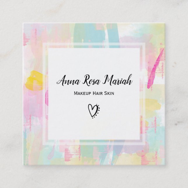 *~* Modern Turquoise Pink Yellow Abstract Pastel Square Business Card (Front)