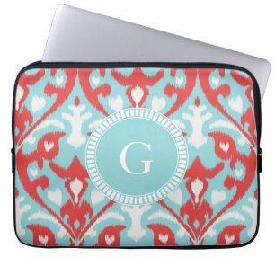 Modern turquoise red ikat tribal pattern monogram laptop sleeve