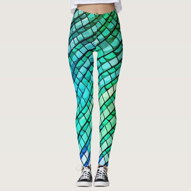 Modern Turquoise Reptile Skin Abstract Pattern Leggings (Front)