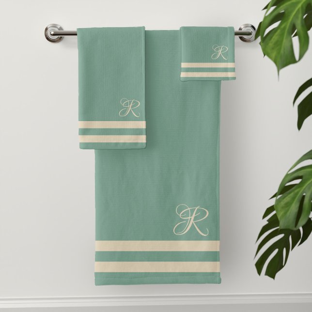 Modern Turquoise Sailor Stripe Towel Set (Sea green and cream sailor stripe bath towel set with your initial)