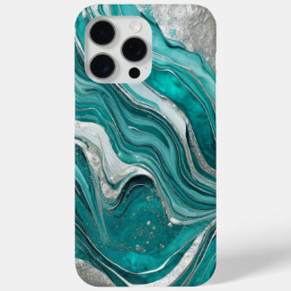 Modern Turquoise Silver Elegant Marble iPhone 15 Pro Max Case