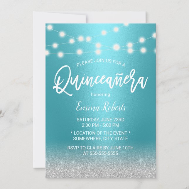 Modern Turquoise & Silver Glitter Quinceanera 15 Invitation (Front)