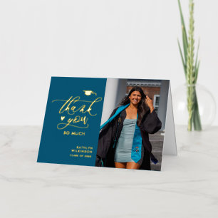 Modern Turquoise Simple Photo Graduation Thank You Foil Greeting Card