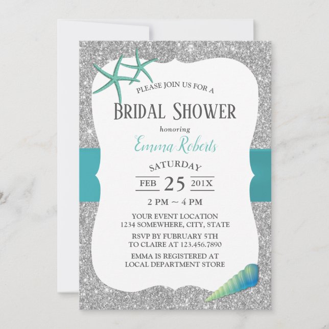 Modern Turquoise Starfish Silver Bridal Shower Invitation (Front)