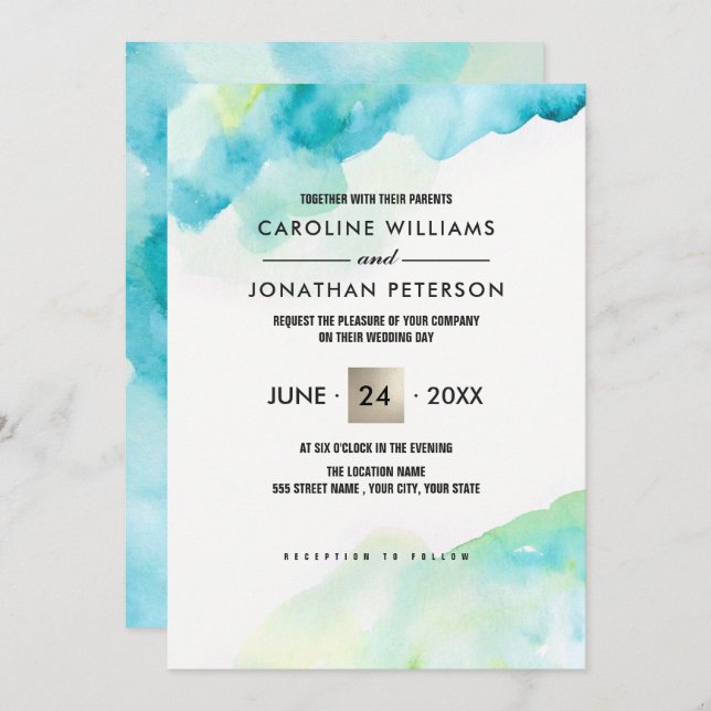 Modern Turquoise Watercolor  Invitation (Front/Back)