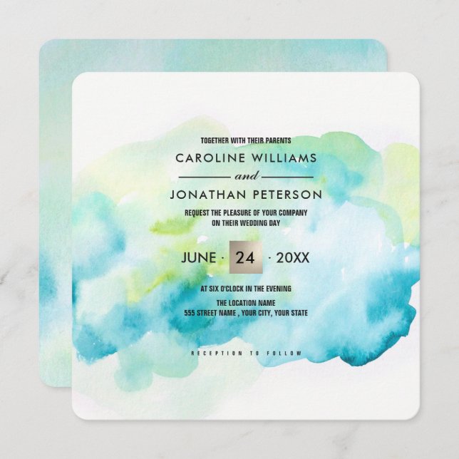 Modern Turquoise Watercolor  Invitation (Front/Back)