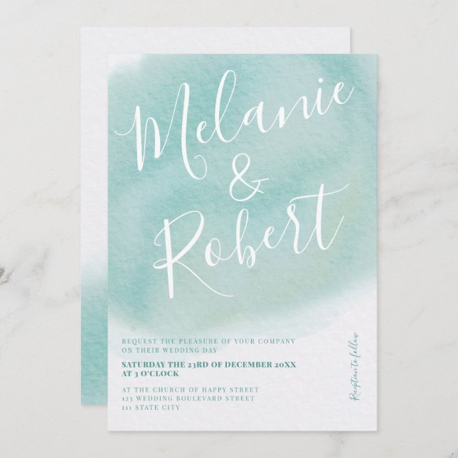 Modern turquoise watercolor wedding initials invitation (Front/Back)