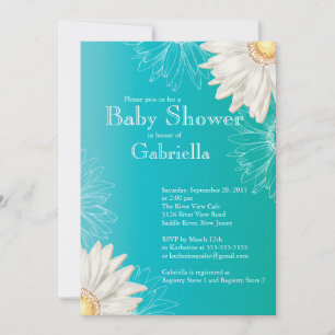 Modern Turquoise & White Gerbera Daisy Baby Shower Invitation