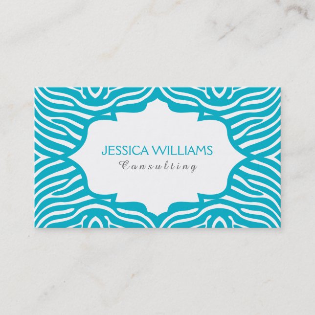 Modern Turquoise & White Zebra Print Pattern Business Card (Front)