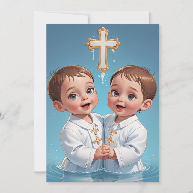 modern twin baptism invitations (Front)