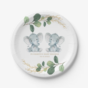 Modern Twin Elephant Greenery Gold Baby Shower Paper Plate