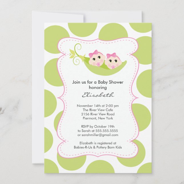 Modern Twin Girls In Pea Pod Baby Shower Invitation (Front)