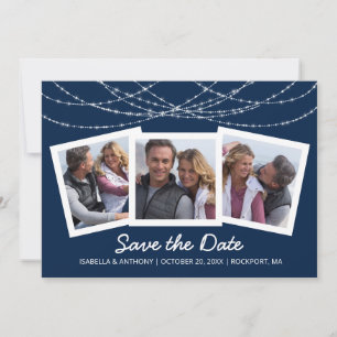 Modern Twinkle String Light Blue 3-Photo Save The Date