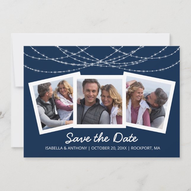Modern Twinkle String Light Blue 3-Photo Save The Date (Front)