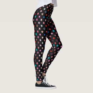 Modern Twinkling Stars, Jewel Colours on Black Leggings