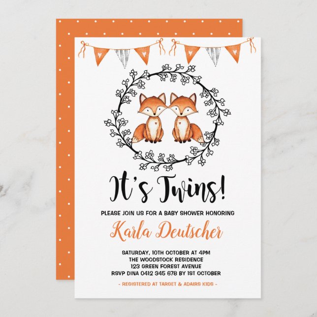 Modern Twins Fox Baby Shower Orange Black Party Invitation (Front/Back)