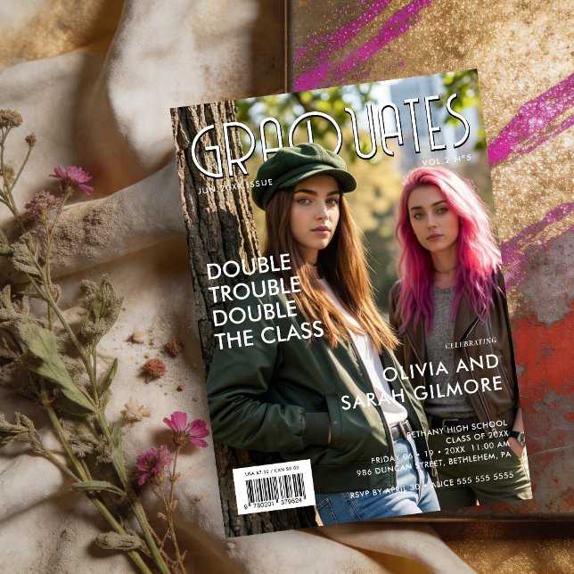 Modern Twins Graduation Magazine Cover TMF26 Acrylic Invitations (Modern Magazine Style Twins Graduation Invitation featuring a Full Page Portrait Layout.)