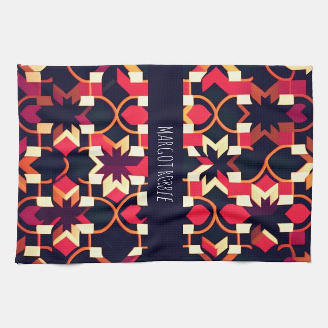 Modern twitch Red Black Geometric Pattern Tea Towel (Horizontal)