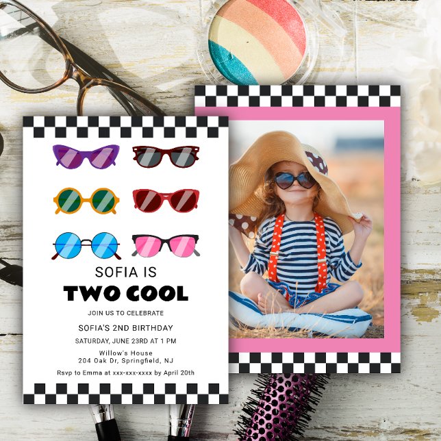 Modern Two Cool Sunglasses Girl 2nd Birthday Invit Invitation (Creator Uploaded)