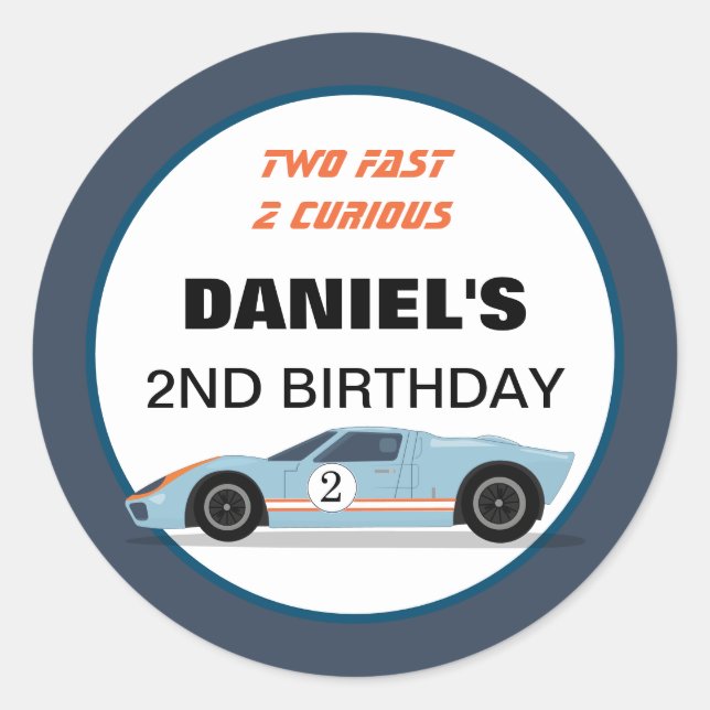 Modern Two Fast Race Car Boy 2nd Birthday Classic Round Sticker (Front)