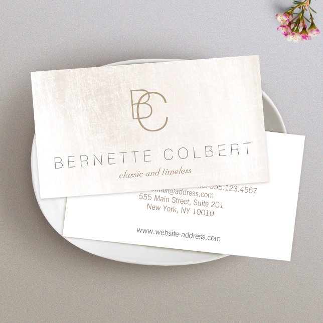 Modern Two Initial Monogram Brushed White Marble Business Card (Creator Uploaded)