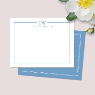 Modern Two Initials Light Blue Border Stationery Card