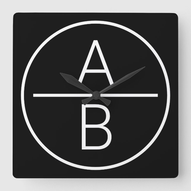 Modern Two Initials Monogram Square Wall Clock (Front)