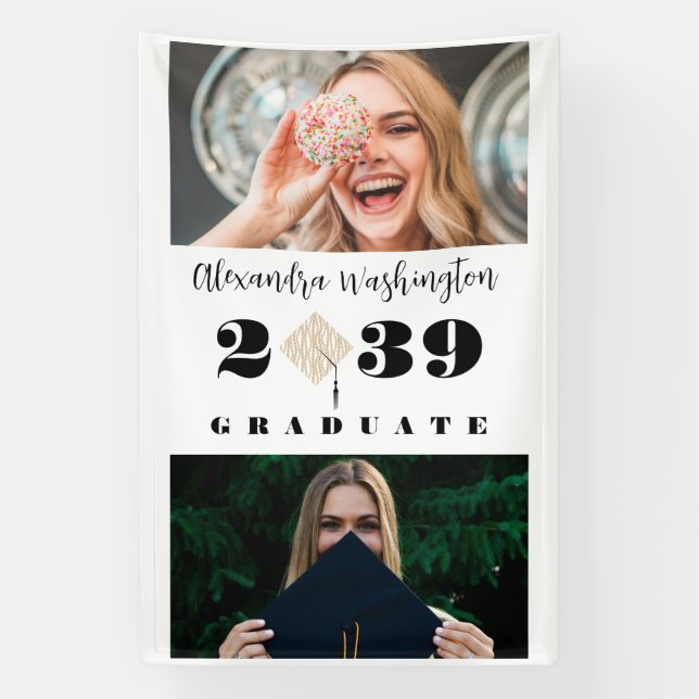 Modern Two Photo Bold Script Graduation Party Banner (Vertical)