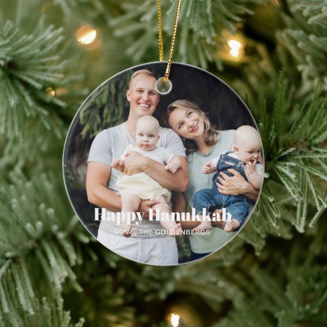 Modern two photo double sided custom text Hanukkah Ceramic Tree Decoration (Tree)