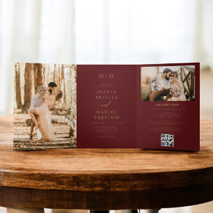 Modern Two Photo Gold Burgundy Wedding Tri-Fold Invitation