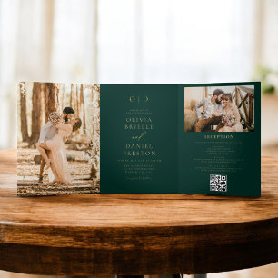 Modern Two Photo Gold Emerald Green Wedding Tri-Fold Invitation
