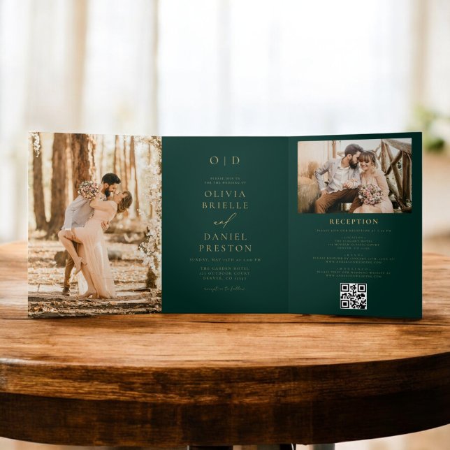Modern Two Photo Gold Emerald Green Wedding Tri-Fold Invitation (Creator Uploaded)