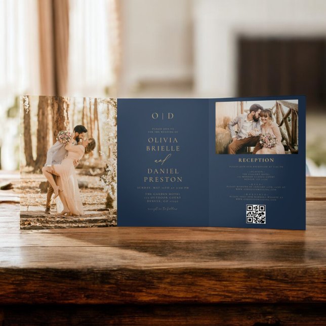 Modern Two Photo Gold Navy Blue Wedding Tri-Fold Invitation (Creator Uploaded)