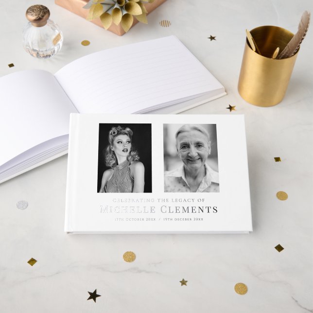 Modern two photo memorial wake rememberance  guest book (Front Open)