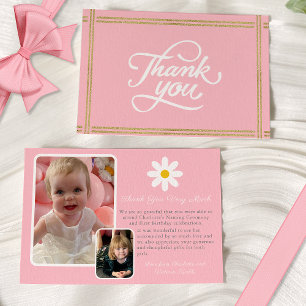 Modern Two Photo Pink White Gold Daisy Thank you Invitation