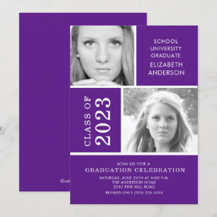 Modern Two Photo Purple Graduation Invitation