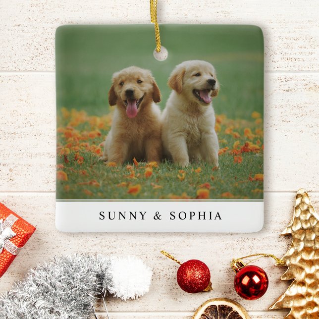 Modern Two Sided Pet Dog Name Christmas Photo Ceramic Ornament (Creator Uploaded)
