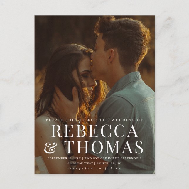 Modern Type Overlay Photo Wedding Invitation Postcard (Front)