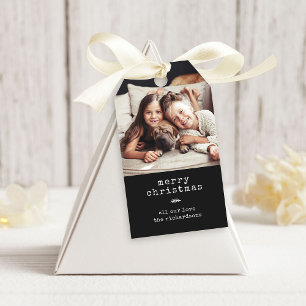 Modern Typewriter Holiday Photo Black Gingham Gift Tags