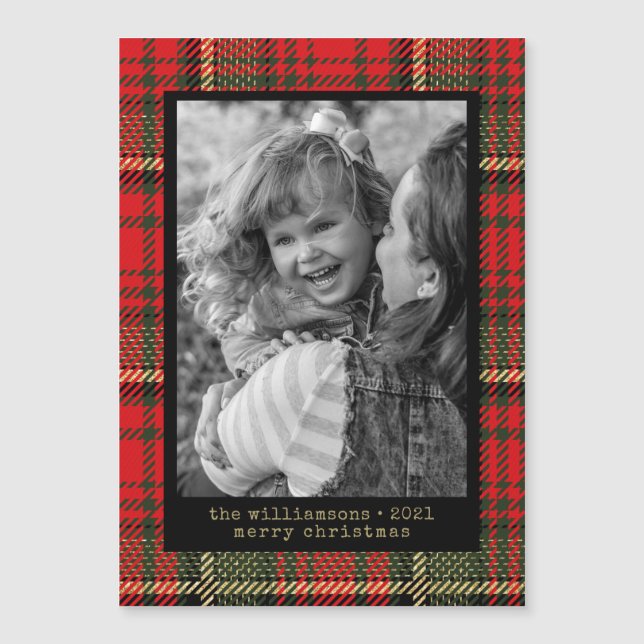 Modern Typewriter Red and Gold Plaid Photo Holiday (Front)